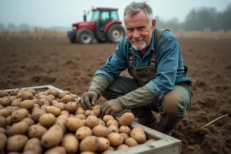 Agriculteur triant des pommes de terre par calibre sur une table en bois dans un champ récolté en automne