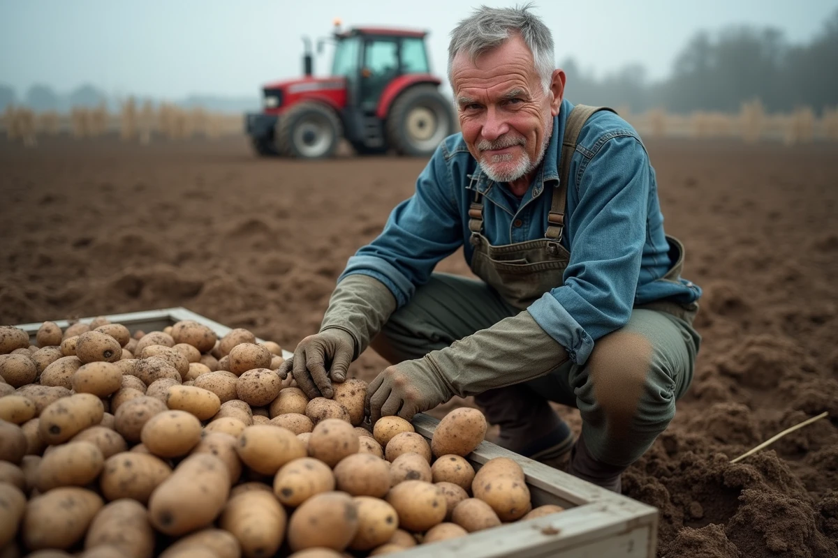 Agriculteur triant des pommes de terre par calibre sur une table en bois dans un champ récolté en automne