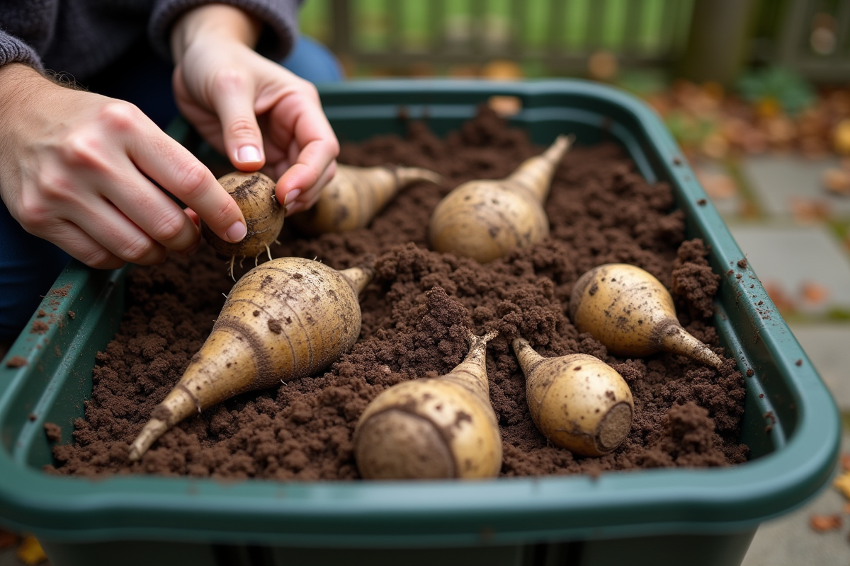 Mains plaçant tubers de dahlia dans un conteneur extérieur