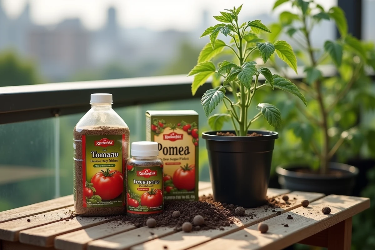 Différents types d'engrais pour tomates en pot disposés sur une table de jardinage de terrasse