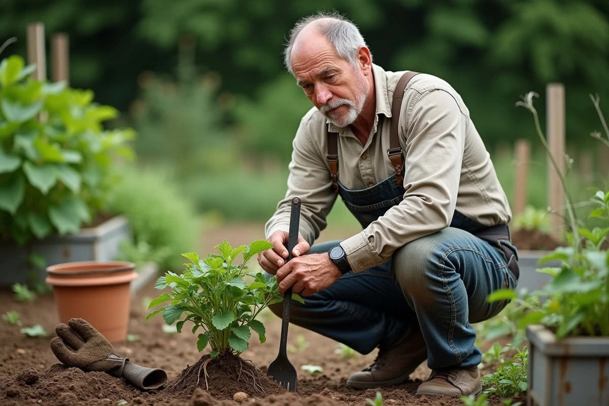 Jardinier inspectant la maturité des pommes de terre de primeur avec une fourche dans un potager