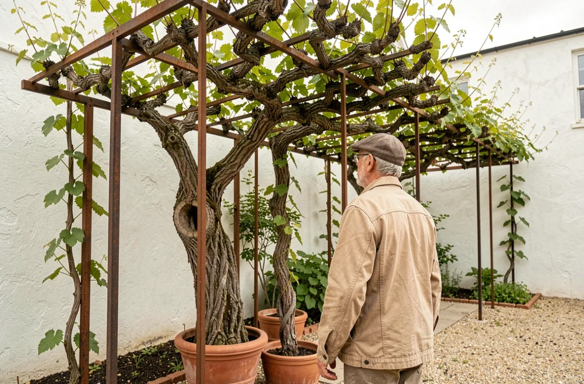 Viticulteur amateur observant une vigne de table en pergola dans une cour de jardin au printemps
