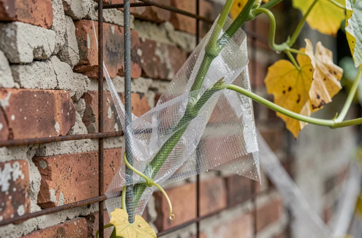 Jeunes pousses de christophine protégées par un voile d'hivernage fixé sur un treillis en fil de fer contre un mur de briques