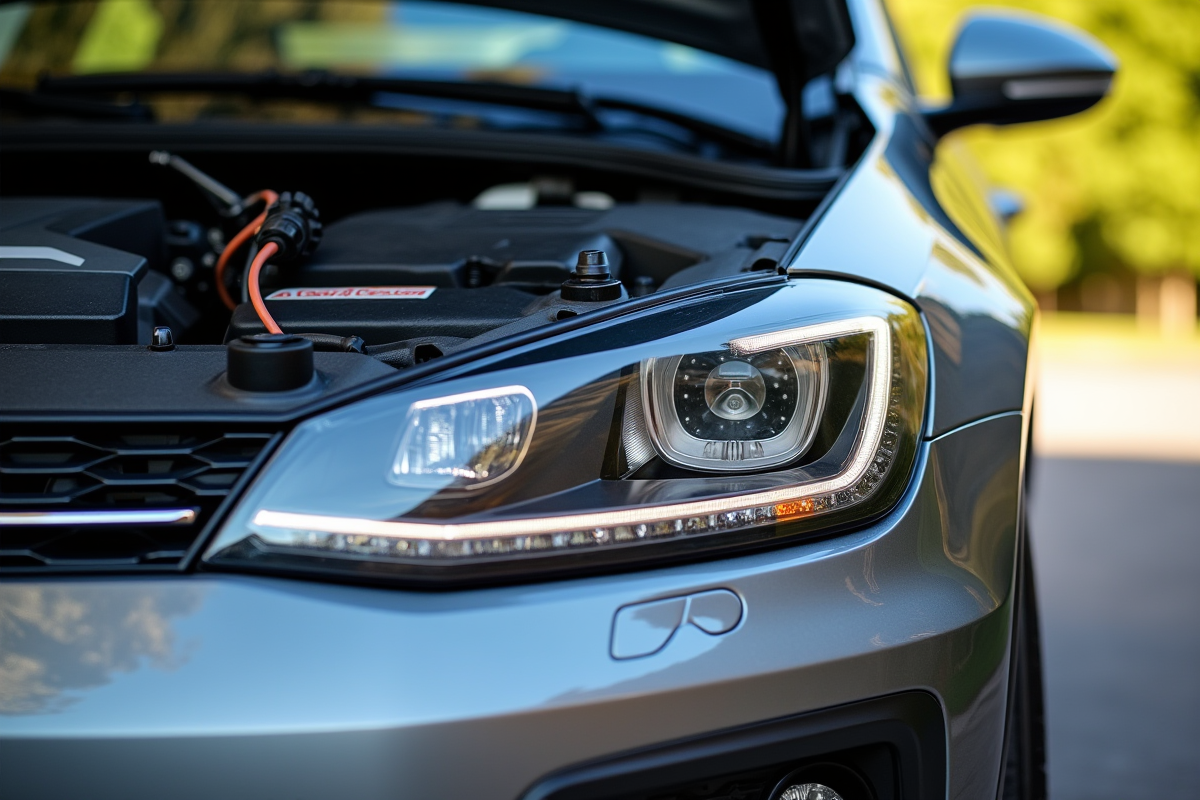Voiture avec capot ouvert montrant les phares et câblage électrique