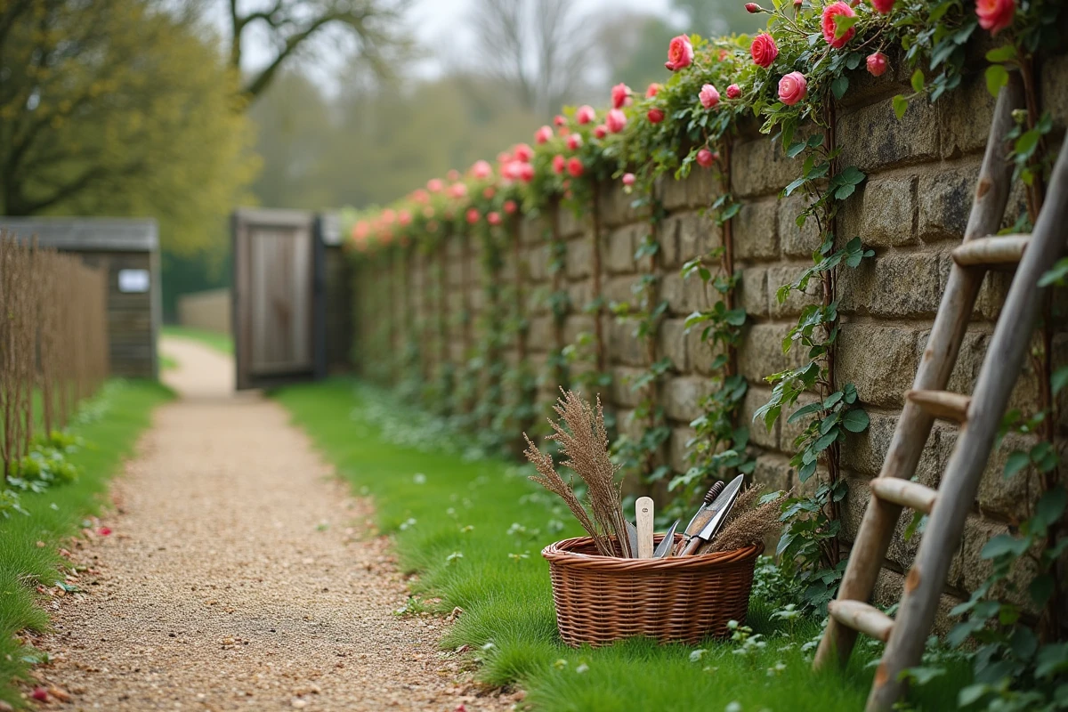 Vue large d'un mur de jardin en pierre couvert d'un rosier grimpant palissé en espalier, avec échelle en bois et panier d'outils de taille au pied du mur