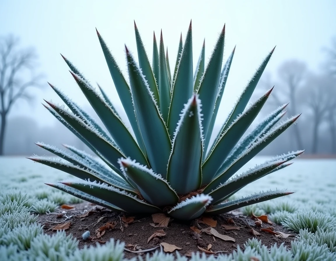 Yucca en plein air avec givre sur les feuilles en plein hiver